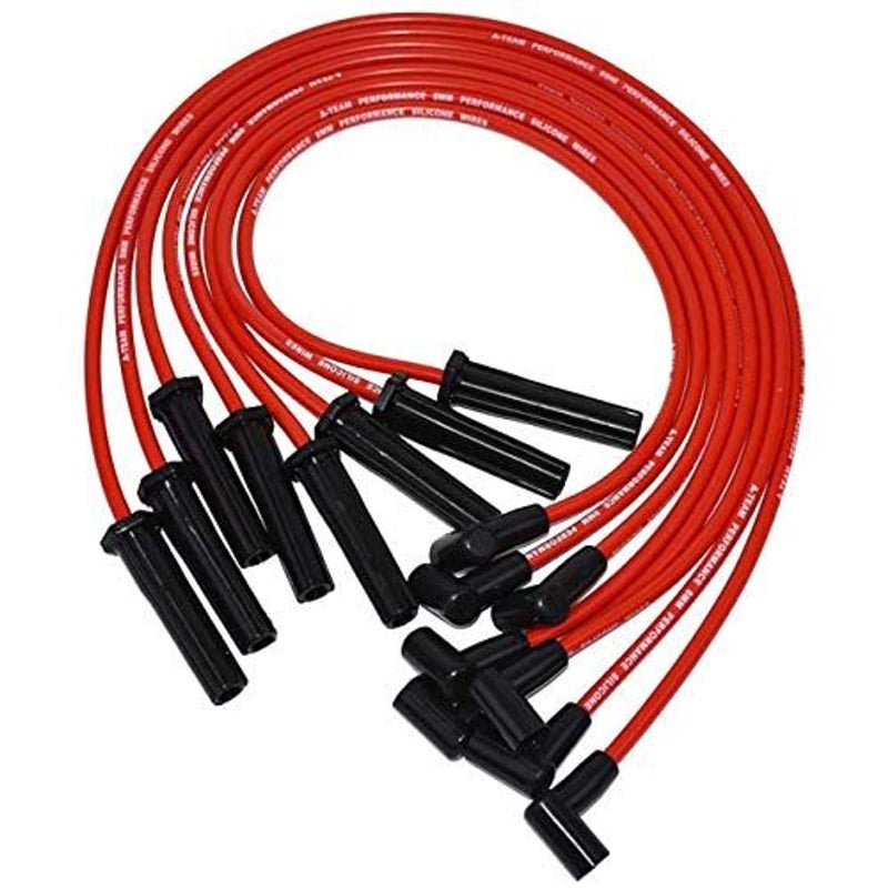 A-Team Performance Spark Plug Wire Set - Red Silicone Jacket & 90-Degree Boots Performance Plug Wires - Coil-in-Cap HEI Distributor Compatible with Mopar, Chrysler & Dodge 318/360-8.0mm, Pack of 8 - Image 1